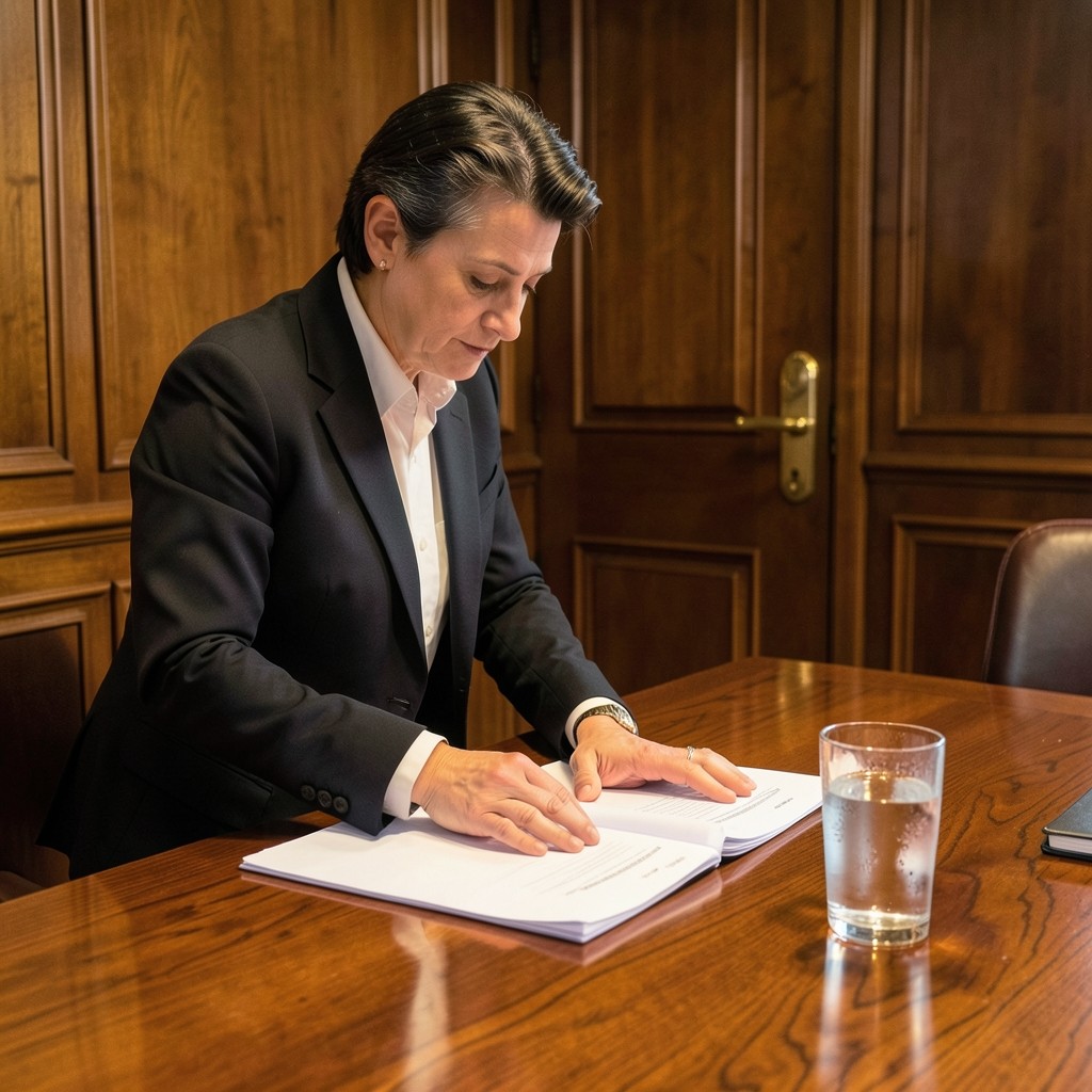 Responsable de recursos humanos preparando reunión informativa con pizarra y documentos en sala de juntas con acabados clásicos