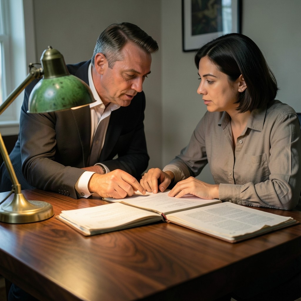 Trabajador revisando ofertas de empleo interno con consultor en mesa de negociaciones con detalles mecánicos de latón