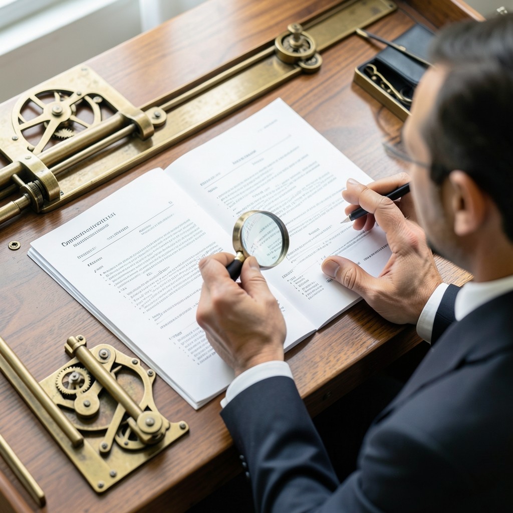 Consultor analizando organigrama y contratos laborales con lupa sobre mesa de nogal con detalles metálicos