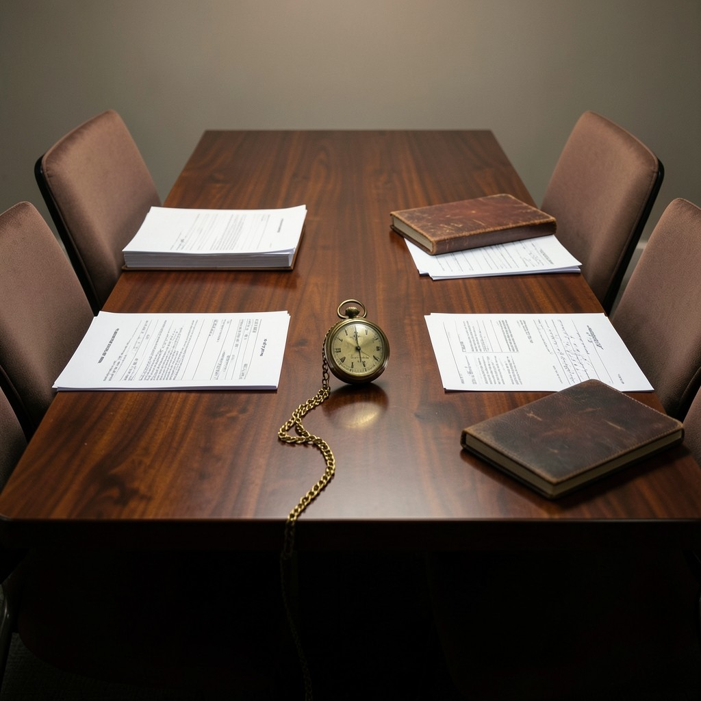 Mesa de negociación entre representantes empresariales y sindicales con documentos y reloj mecánico de latón