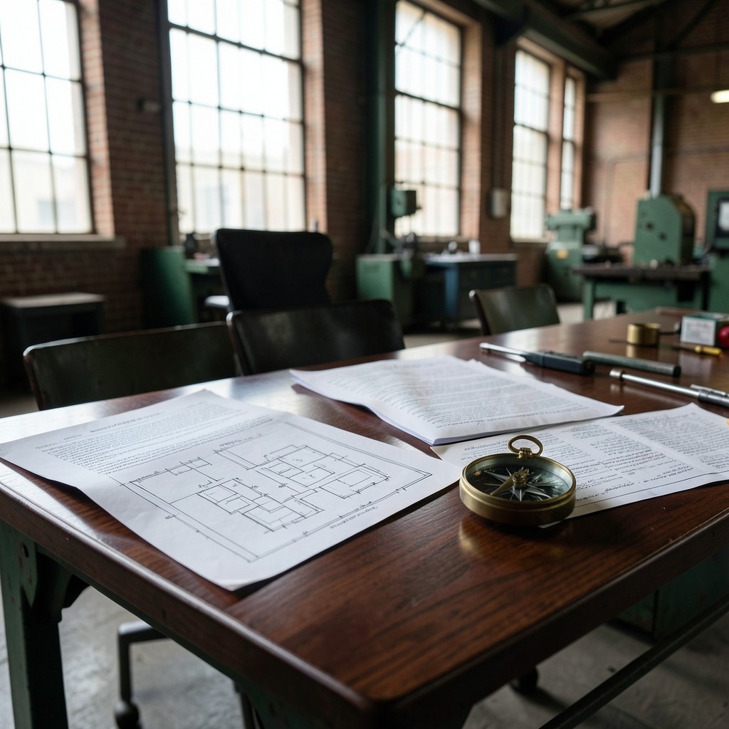Mesa de consultoría con planos de nave industrial, documentos laborales y brújula de latón sobre madera oscura